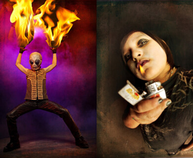 Person in alien mask holds flames; another holds lighter with bold makeup, against vivid backdrops.