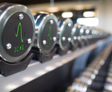 A row of neatly organized dumbbells is displayed on a rack, with one prominently showing a weight of 28 kg and featuring a green design on the end plate. The background shows more similar weights aligned in a gym setting. Row of neatly organized dumbbells on a rack, one marked 28 kg with green design.