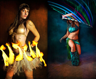 one in a golden costume with flames, another spinning a colorful hula hoop.