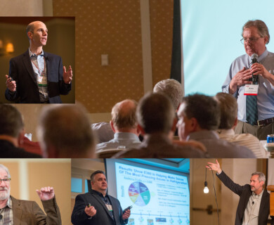 A collage of images from a conference or seminar featuring multiple speakers. The speakers, all male, are shown presenting to an audience, using microphones, and making gestures. A screen displaying a presentation slide is visible in one of the images, and the setting appears to be a formal meeting room. Collage of male speakers at a conference presenting to an audience with slides and microphones.