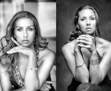 The image shows two black and white portraits of a woman. In both photos, she is posed with her chin resting on her hand. She has long hair, styled differently in each image, and is wearing similar earrings and clothing that leaves her shoulders bare. The backgrounds are simple, focusing attention on her facial expressions and posture. Two black and white portraits of a woman with chin on hand, differing hair styles, simple background.