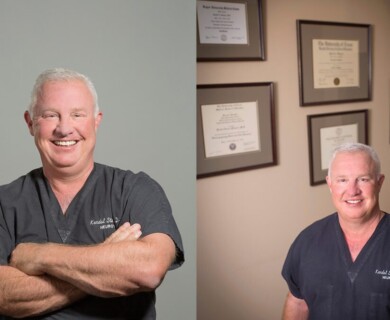 A man in medical scrubs stands confidently in two images. In the first, he has his arms crossed, smiling against a plain background. In the second image, he is seated, smiling in front of a wall displaying multiple framed certificates or diplomas. Man in medical scrubs smiling in two settings, framed diplomas on wall in second image.
