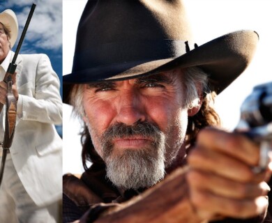 Two images depict men in Western attire. The man on the left wears a white suit and cowboy hat, holding a rifle, set against a blue sky. The man on the right, with a close-up view, wears a dark hat and aims a revolver. Both have serious expressions. Man in white suit holding rifle, and man in dark hat aiming a revolver, both serious expressions.