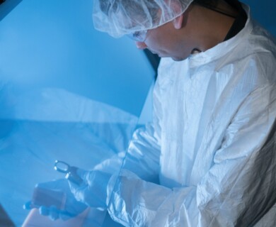 A person wearing protective clothing and gloves is working in a laboratory setting, using tools inside a sterile environment with a blue-tinted barrier. Person in protective gear working in a lab with blue-tinted sterile barrier.