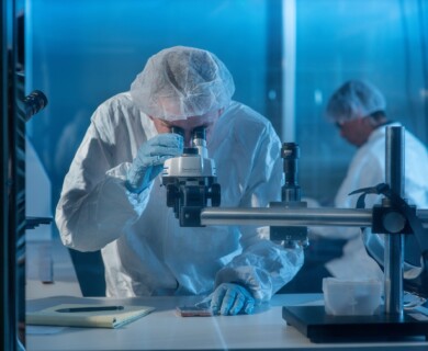 A scientist in protective clothing examines a sample through a microscope in a laboratory setting. Another person in similar attire works in the background. The environment appears clean and controlled, with scientific equipment visible on the table. Scientist in protective gear examining sample with microscope in a clean laboratory.